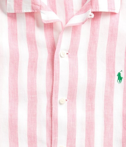 NWT Polo Ralph Lauren Pink & White STRIPED LINEN Short Sleeve Camp Shirt - Picture 6 of 8