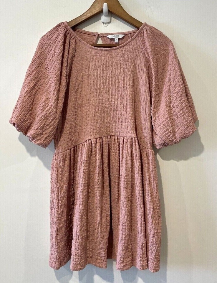 Next Dress Womens Size 8 Pale Pink Puff Sleeve Babydoll Round Neck Stretch Flowy