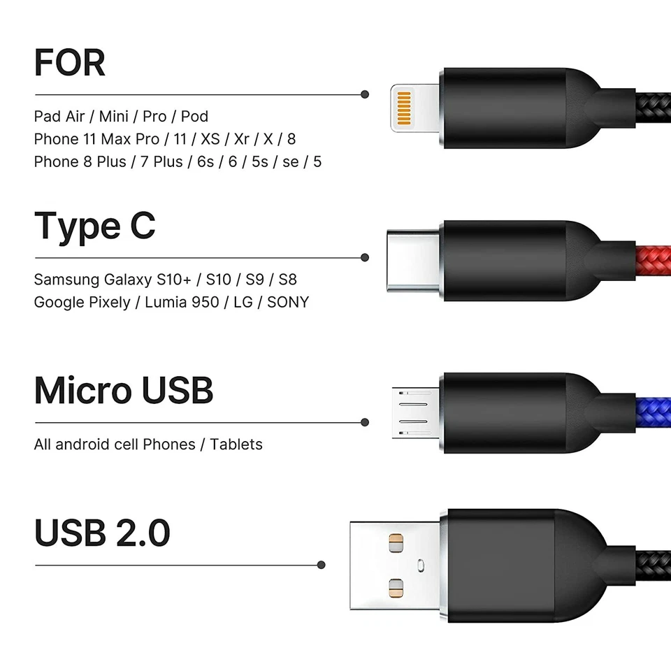 3 in 1 USB Fast Charging Cable Universal Charger For Micro USB-C iPhone 11 12 13 - Image 2 of 4