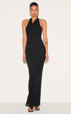 Prettylittlething Shape black burnout mesh halterneck cowl neck maxi dress SZ20