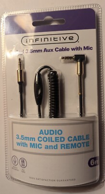 Infinitive Coiled 3.5 mm Aux Cable with Mic and Remote New 6ft.  Sealed B-2
