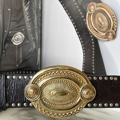 1992 GIANNI VERSACE belt black studded w/ oval Medallion buckle 90