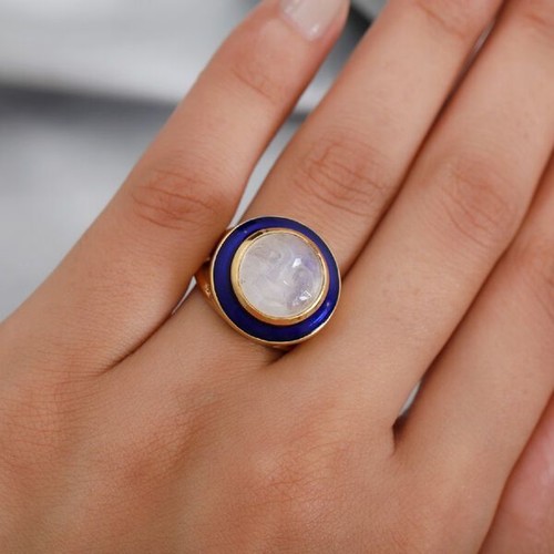 Blue Enamel Oval Cabochon Carved Moonstone Man in the Moon 925 Sterling Silver - Picture 3 of 6
