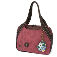 New Chala Bowling Tote Large Bag Pleather Burgundy Red FORGET ME NOT Flower Gift