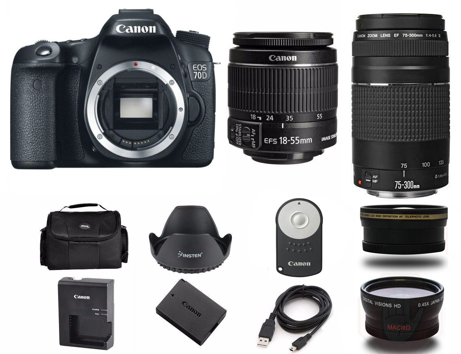 Canon EOS 70D DSLR Camera with EF-S 18-55mm and 75-300mm IS III