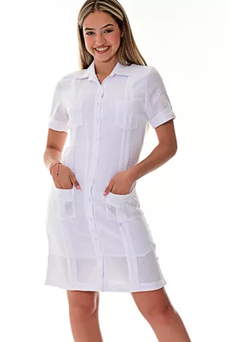 Ladies White 100% Soft Linen Traditional (4) Pocket Guayabera Dress - LLGD3010