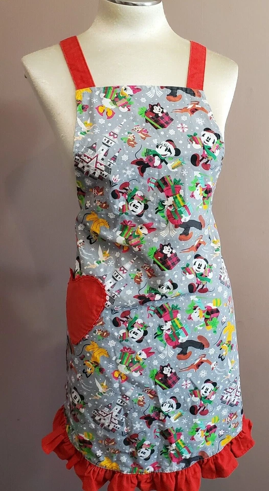 Disney Parks Christmas Apron Red Gray Ruffle Heart Pocket Cross Back Straps Full - Image 4 of 4