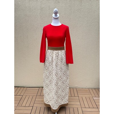Jacques Tiffeau for GOSSARD red long sleeves cream embroidered skirt long dress