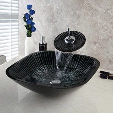 Tempered Glass Black Handcraft Bathroom Basin Vessel Sink Bowl Mixer Faucet Tap