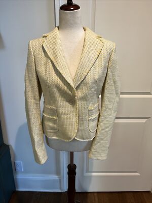 Ann Taylor Sz Tweed Blazer Yellow Button Fringe Lined Jacket