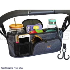 Baby Stroller Organizer Storage Caddy Basket w Cup Holder, Premium Rigid Design