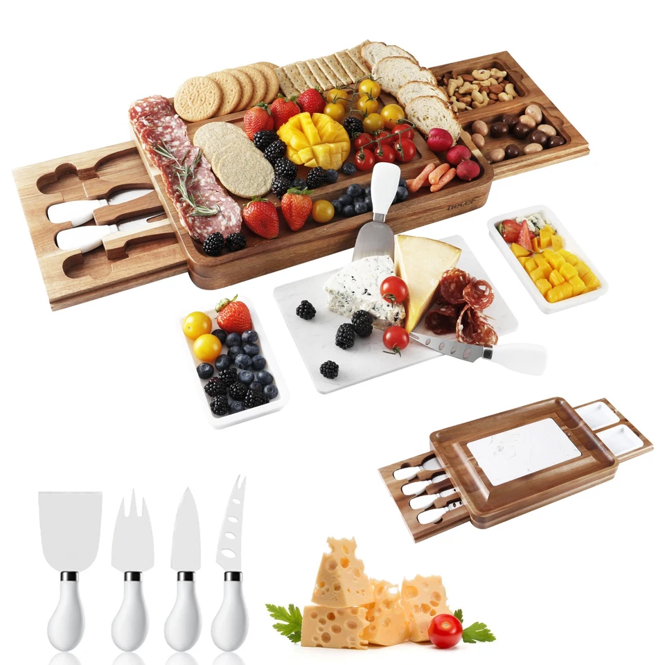Large Acacia Wood Cheese Board Set Charcuterie Board with Drawers Serving Tray - Image 4 of 4