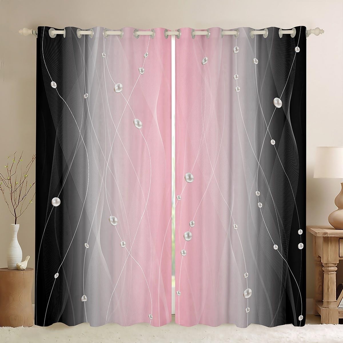 Homemissing Pink and Black Darkening Drapes Strip Lines Curtains for Bedroom Li