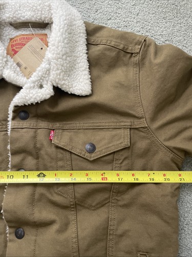 Levis Herren Small Bownidh Beige Dunkel Khaki Sherpa Thermo Denim Trucker Jacke - Bild 11 von 13