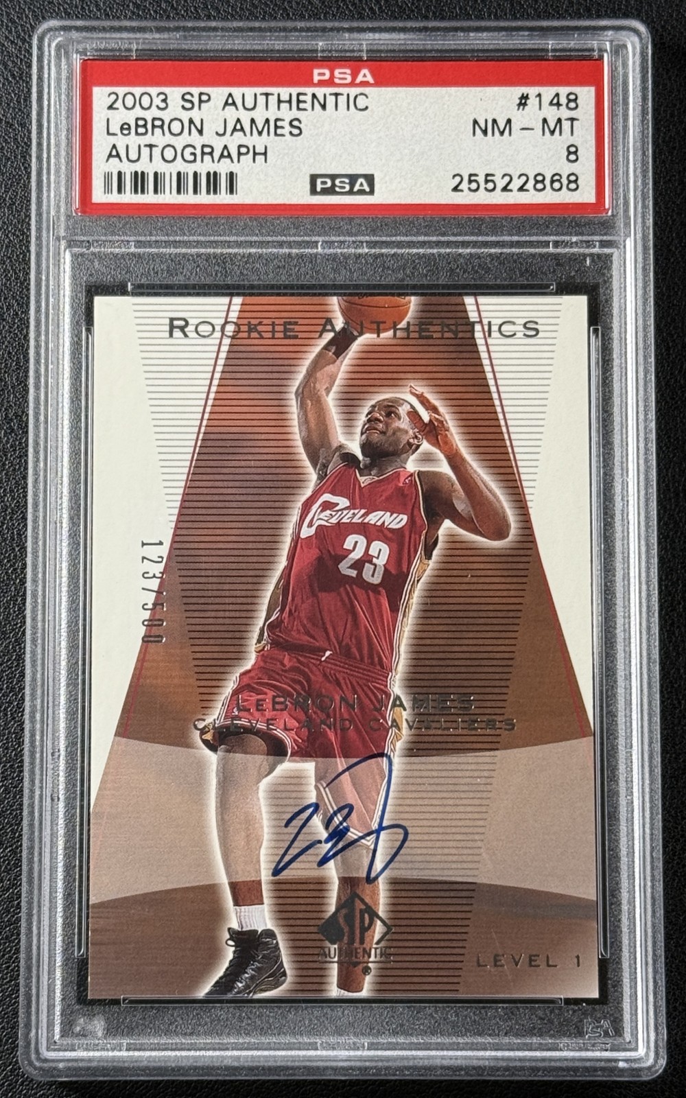 LEBRON JAMES PSA 8 2003-04 UD SP AUTHENTIC #148 ROOKIE AUTO RC 123/500 CAVALIERS