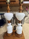 Vintage Hobnail Milk Glass & Wood Table Lamps – Pair of Mid-Century Modern Light