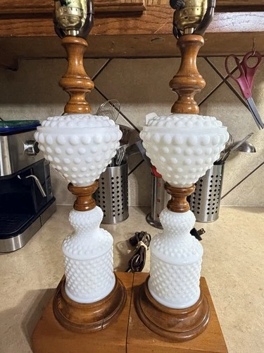 Vintage Hobnail Milk Glass & Wood Table Lamps – Pair of Mid-Century Modern Light