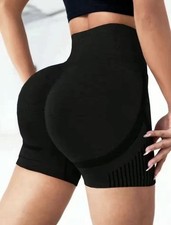 Women Scrunch Butt High Waist Yoga Workout Shorts Tummy Control Black M/L