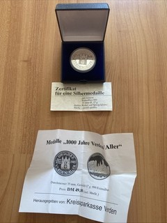 Silber Medaille „1000 Jahre Verden/Aller“ / 999 Feinsilber / Zertifikat / 1985