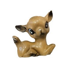 Vintage Miniature Deer Fawn Figurine Brown Big Blue Eyes Plastic 1.75"
