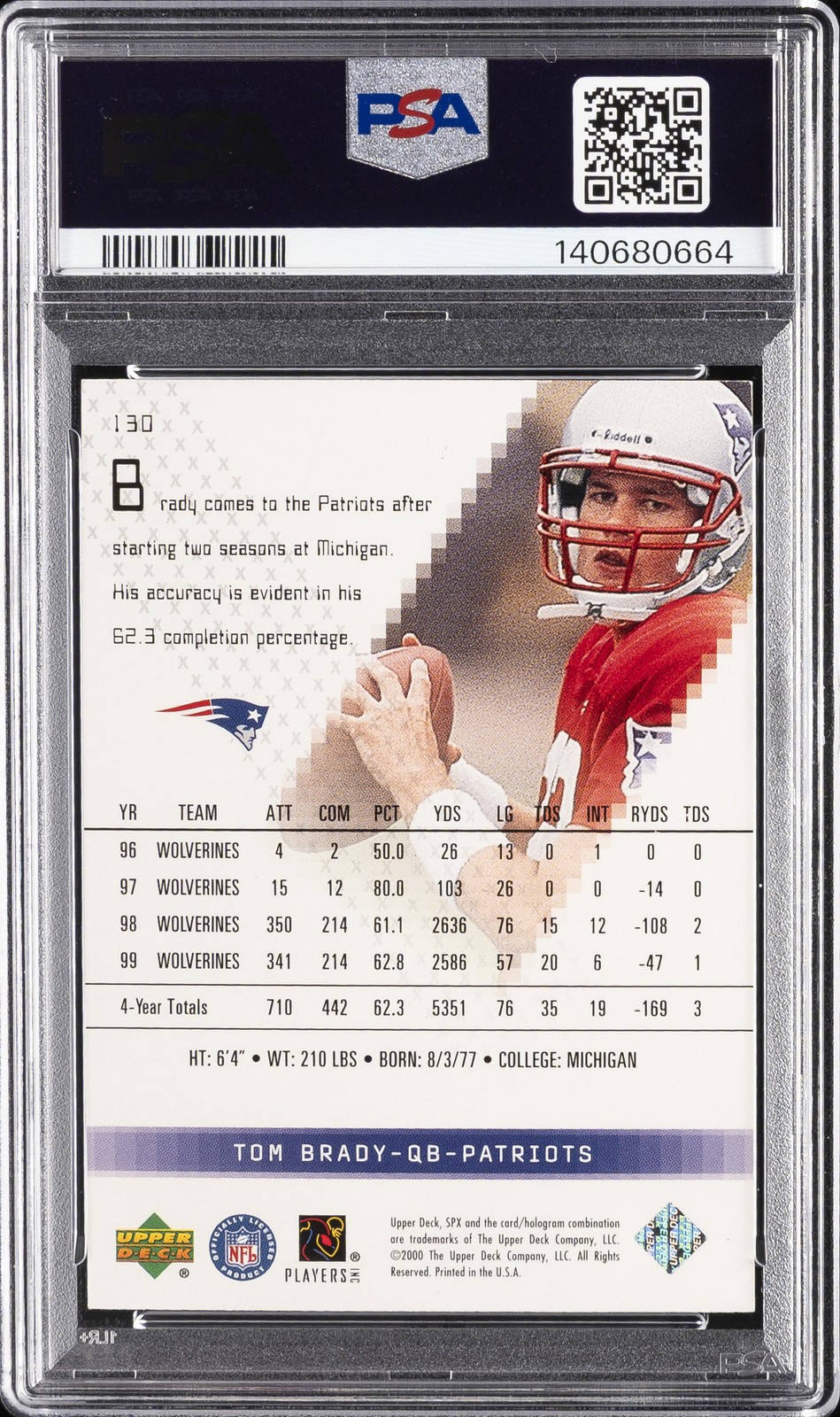 2000 SPX PROOF #130 TOM BRADY ROOKIE RC PSA AUTHENTIC AUTO 10 view 2