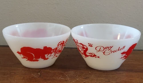 Vintage 1950s Fire King Davy Crockett Milk Glass Red Print Bowl Set of 2