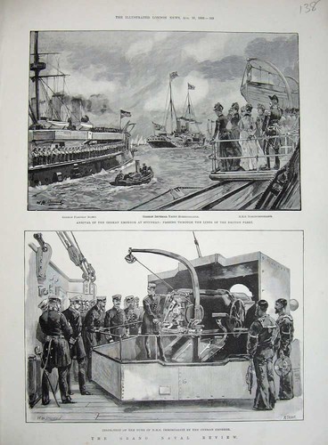 Original Old Antique Print 1889 German Emperor Spithead Baden Ship Immortalite