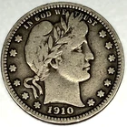 1910 P Barber Quarter Dollar 25 Cents Fine Condition - 1879
