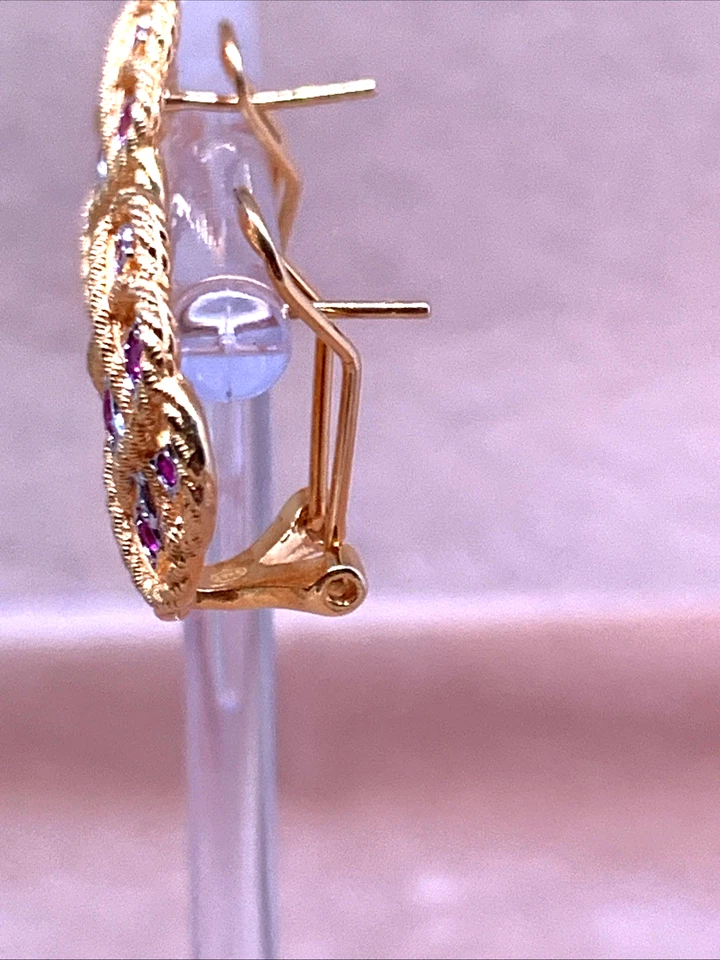 ORECCHINI IN STILE IN ARGENTO 925 PLAC. ORO CON PERNO E CLIP E RADICE DI RUBINO - Immagine 3 di 4