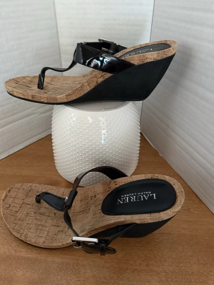Sandalias Lauren Ralph Lauren para mujer 8,5 negras reeta con cuña tiras corcho verano Foto 3 de 4