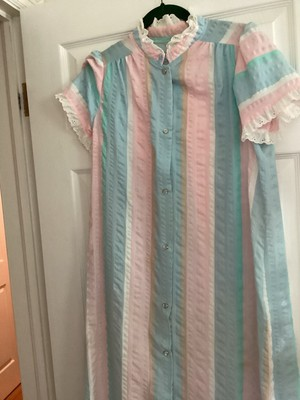 #ad Vintage Lounge Master Seersucker Pearl Snap House Coat Dress w: Lace Striped S? $29.99