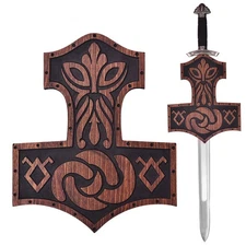 Viking Sword Wall Plaque Display Mount - Wood Engraved Medieval Display Decor
