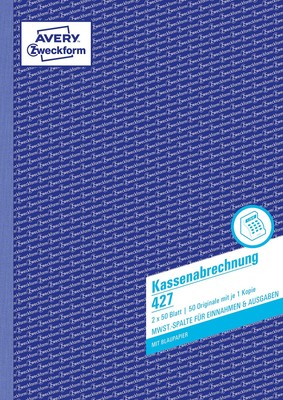 Avery Zweckform Cashing-Up Book First and Second Page Printed with VAT Column fo