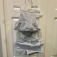 Weekend Academy 2-Piece Girls Outfit Set Striped Top Shorts M 8 Gray/White