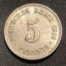 1909-A Germany 5 Pfennig Copper-Nickel Coin - AU (About Uncirculated) condition