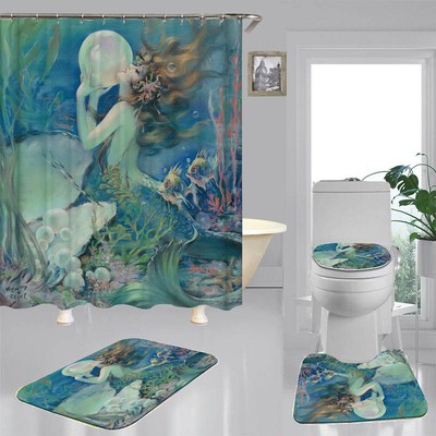 Pearl Mermaid Blue Door Bath Mat Toilet Cover Rugs Shower Curtain Bathroom Decor Ebay