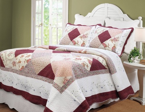 RED FLORAL PATCH Full Queen QUILT : GEORGIA COTTON BURGUNDY WHITE CHIC COTTAGE - Picture 4 of 7