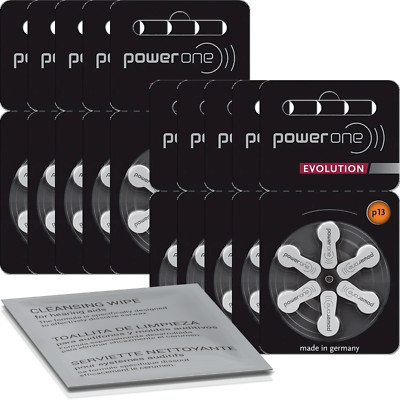 60 Power One Evolution Hearing Aid Batteries with Cleaning Cloth P13 10 x 6 Pack