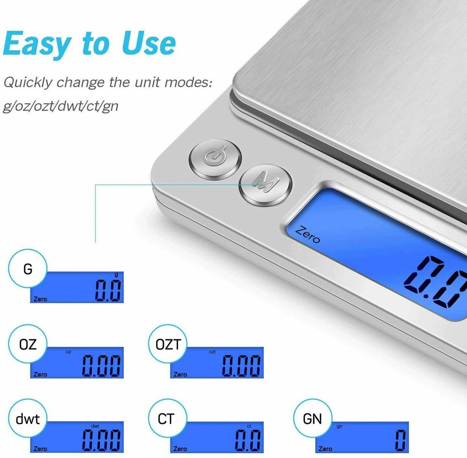 Digital Kitchen Scale - 2000g X 0.1g Precision, Silver, Battery Powered, Compact Design