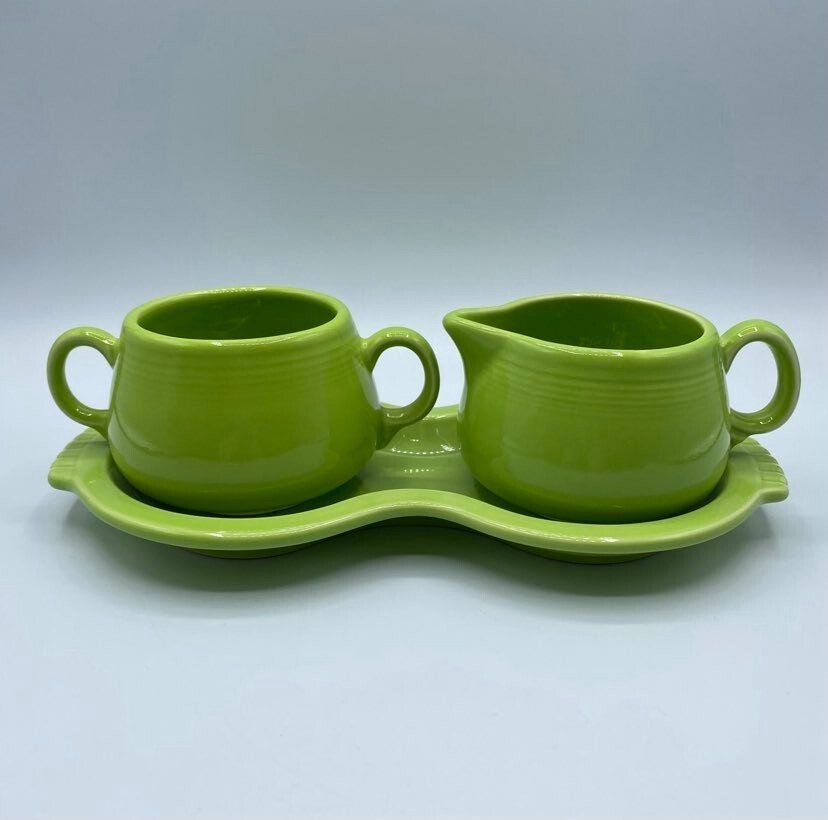 Fiesta Fiestaware Homer Laughlin Lemongrass Chartreuse Creamer Sugar Tray Set 3p eBay