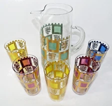 West Virginia Glass Henry 8th Lion Castle Rampart Crest 6 Pc Pitcher & Glass Set