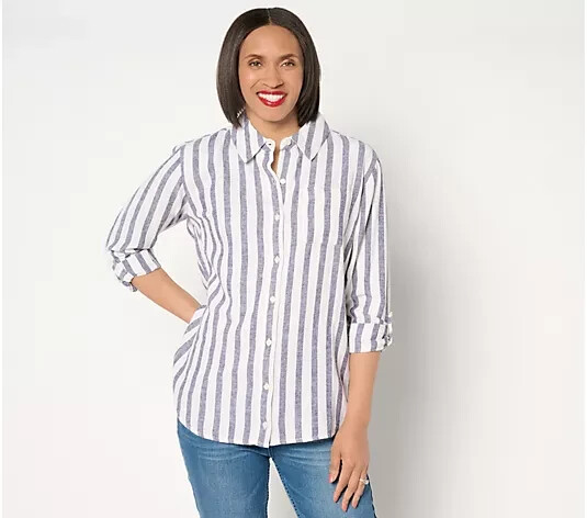 Isaac Mizrahi Live! Striped Button Front Linen Blend Shirt Navy