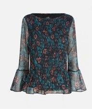 Ex WALLIS Size 10 - 18  Black  Teal Pink Floral Print Plisse Pleat Top