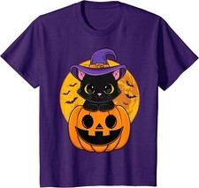 Cute Halloween Black Cat Witch Hat Pumpkin Funny Tee Youth Unisex T-shirt