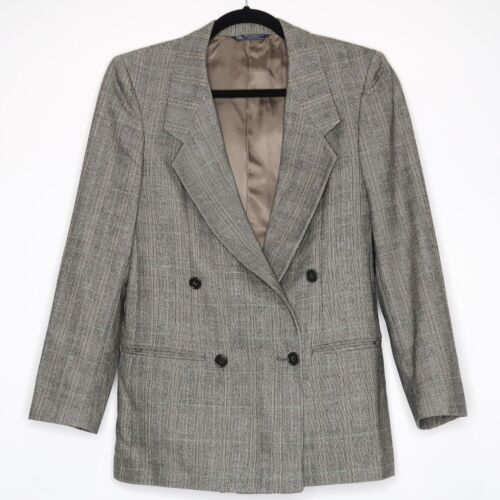 Austin Reed Womens Blazer Size 6 Pure Virgin Wool Double Breasted Gray Plaid