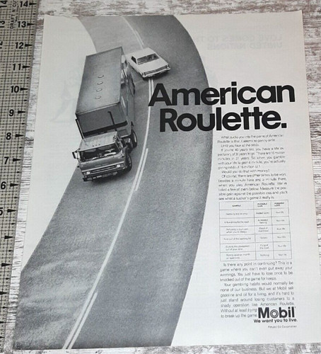 1967 Mobil Oil Vintage Print Ad Car Truck No Pass Zone American Roulette B&W
