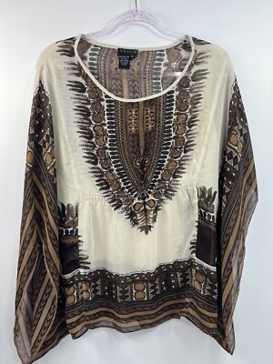 Venus Blouse Poncho Women's Size M Brown/Cream/Black Print Pullover Sheer Boho