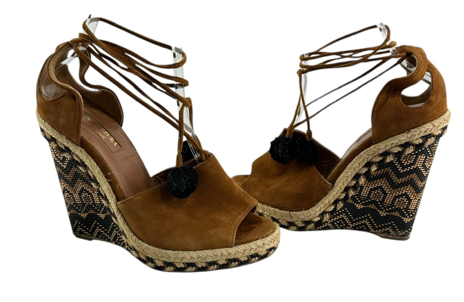 AQUAZZURA Palm Springs Tan Suede Espadrille Wedge Sandals Lace Up  38 7.5