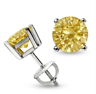 RARE 5.00 Ct Certified Round Cut Natural Yellow Diamond Studs White Gold Finish
