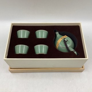 Celadon Porcelain Tea Set | Green Teapot 4 x Cups & Bamboo Tray TE#8675